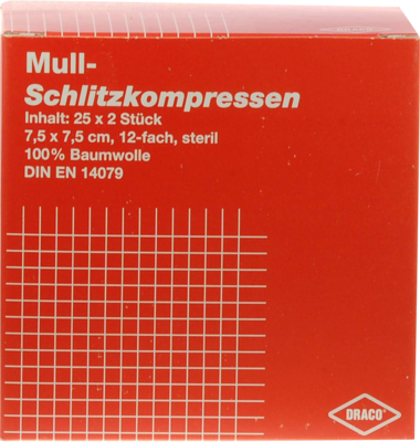 SCHLITZKOMPRESSEN Mull 7,5x7,5 cm steril 12fach - 25X2St