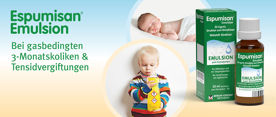 Banner mit Packshot und USP von Espumisan® Emulsion.