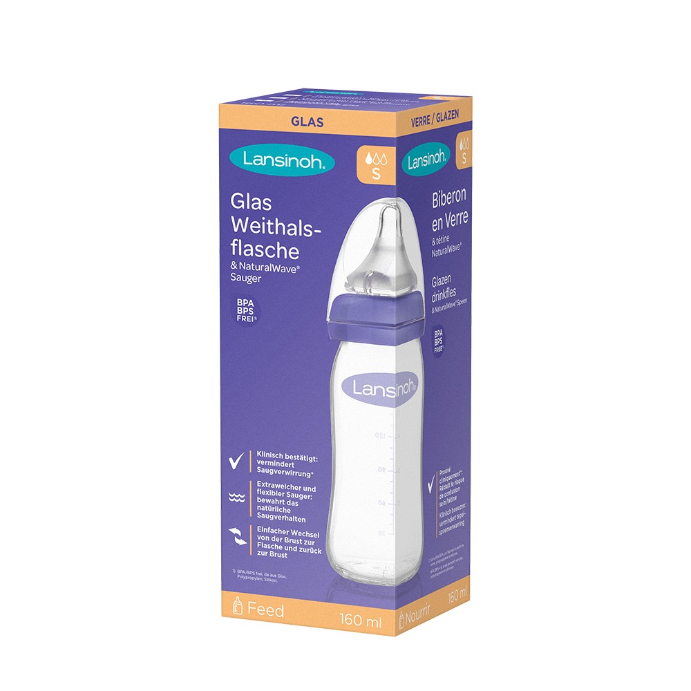 LANSINOH Weithalsflasche Glas 160 ml mit Sauger S - 1St