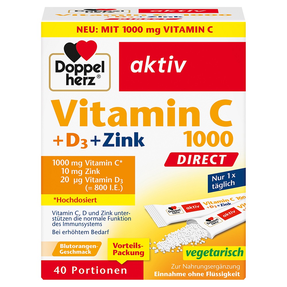 DOPPELHERZ Vitamin C 1000+D3+Zink DIRECT Pellets - 40St