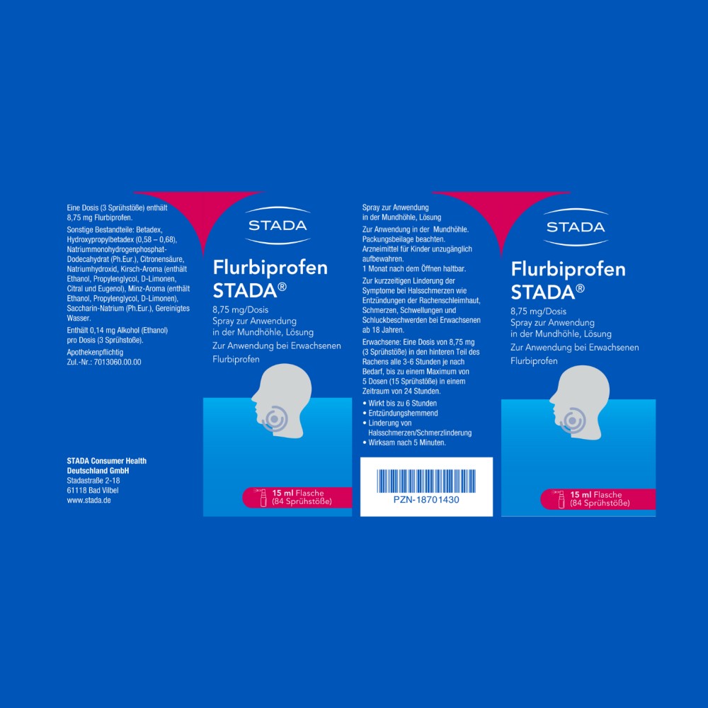 FLURBIPROFEN STADA 8,75 mg/Dosis Spray Anw.Mundhö. FLURBIPROFEN STADA 8,75 mg/Dosis Spray Anw.Mundhö.