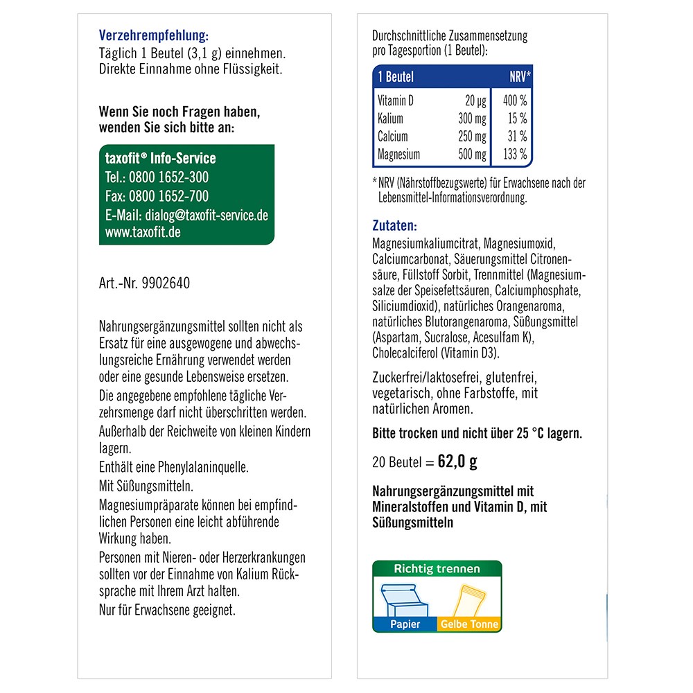 TAXOFIT Magnesium 500+Calcium+Kalium Direkt Gran. TAXOFIT Magnesium 500+Calcium+Kalium Direkt Gran.