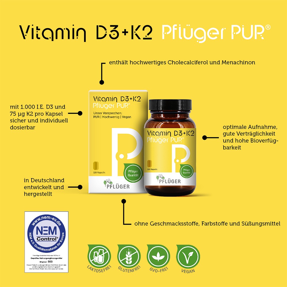 VITAMIN D3+K2 Pflüger PUR 1.000 I.E./75 µg Kapseln VITAMIN D3+K2 Pflüger PUR 1.000 I.E./75 µg Kapseln