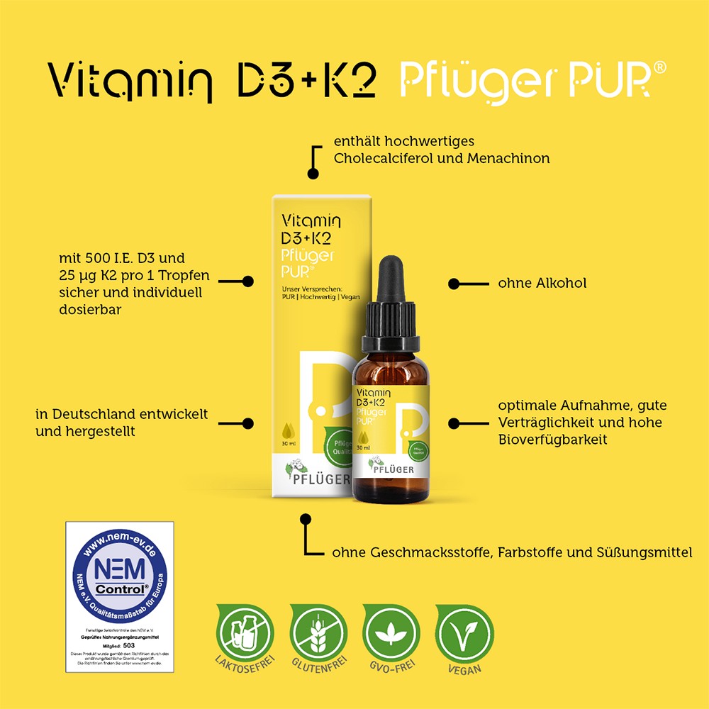 VITAMIN D3+K2 Pflüger PUR 500 I.E./25 µg Tropfen