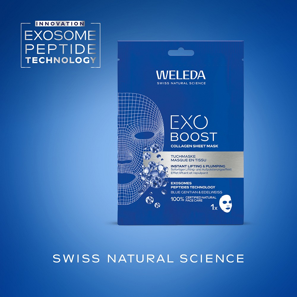 WELEDA Exo Boost Collagen Tuchmaske blauer Enzian