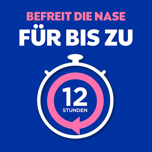 Gezeigt wird ein Wecker, in dem steht: zwölf Stunden. Darüber der Text lautet: Befreit die Nase für bis zu.
