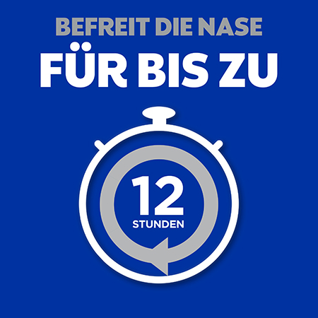 Gezeigt wird ein Wecker, in dem zwölf Stunden steht. Der Text darüber sagt: Befreit die Nase für bis zu.