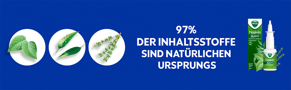Blätter von Menthol, Eukalyptus und Thymian werden gezeigt. Der Text daneben sagt: 97 Prozent der Inhaltsstoffe sind natürlichen Ursprungs. Die Verpackung und Sprühflasche von WICK Nasivin Natura Nasenspray werden gezeigt.