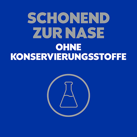 Text auf blauem Hintergrund: schonend zur Nase, ohne Konservierungsstoffe. Ein Reagenzglas wird auch gezeigt.